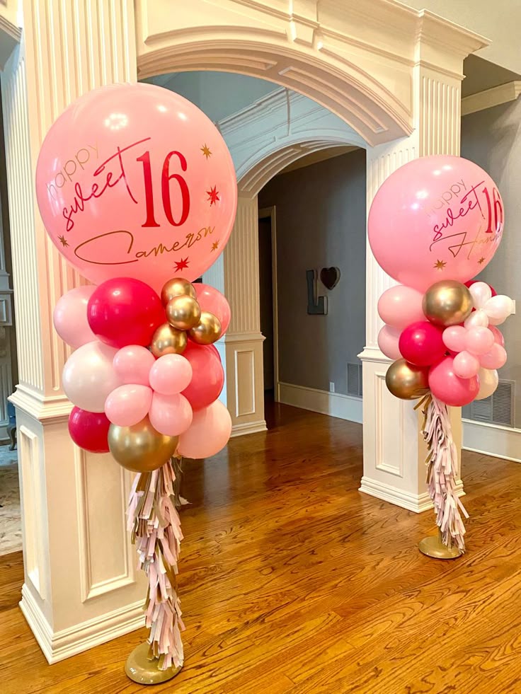 Personalised Pillar/Column/Tower Balloons White, Pink and Light Gold with Customize Sticker and Tassels - Birthday, Corporate Event, Grand Opening, Company Event Perfect for special occasion!