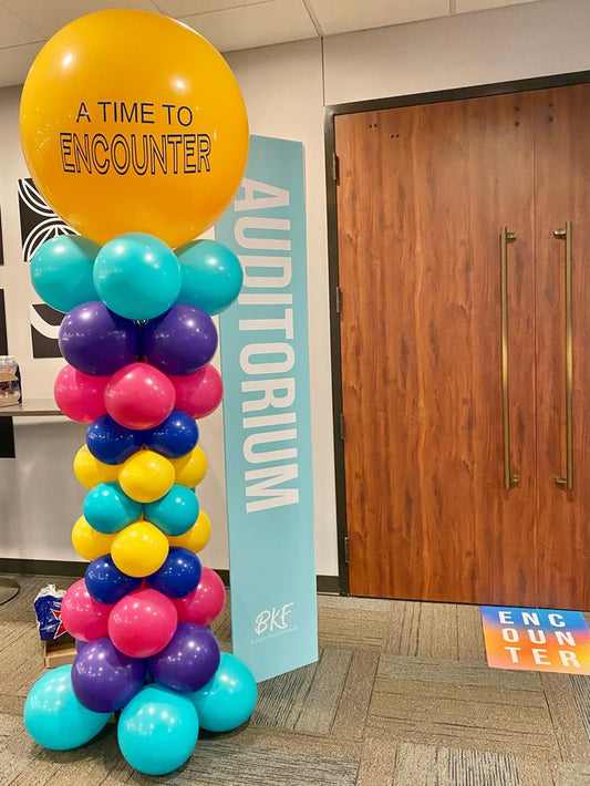 Personalised Company Logo Sticker Balloon Teal, Purple, Deep Pink and Yellow Pillar/Column/Tower - Corporate Event, Grand Opening, Company Event Perfect for special occasion!