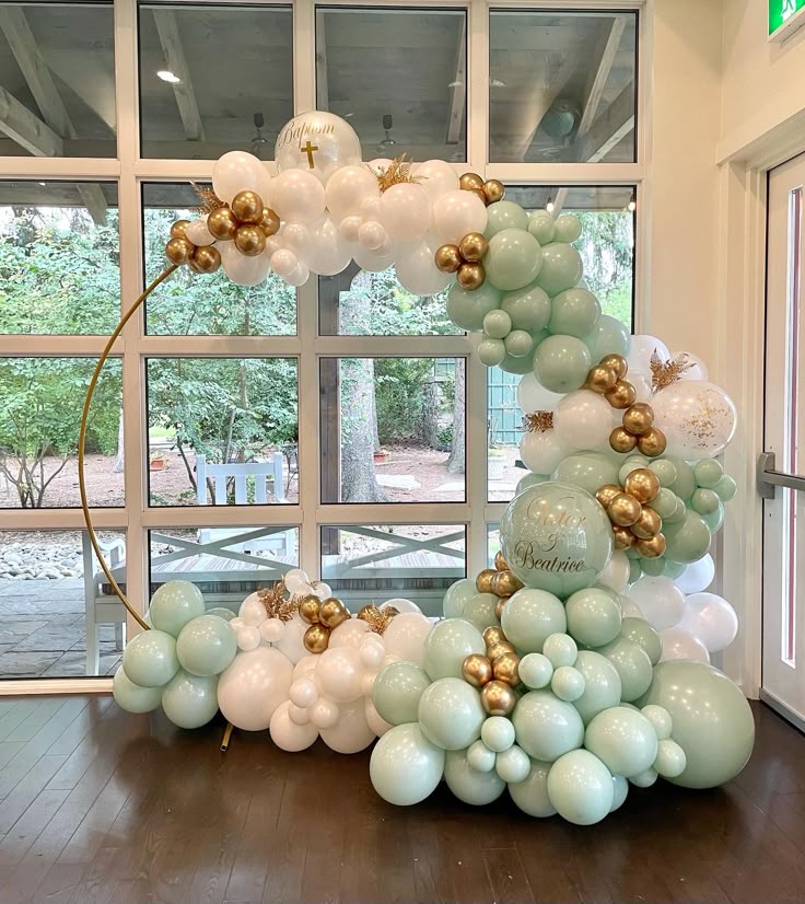 Round Stand with Organic Arrangement Garland Balloon White, Mint Green and Light Gold with Customize Sticker - Perfect for special occasion