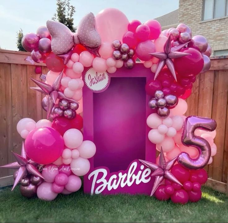 Customizable Board Backdrop with Balloon Different Shades of Pink and Ribbons, Stars and Number ‘5’ Foil Accents Decor Setup Barbie-Themed - Perfect for special occasions