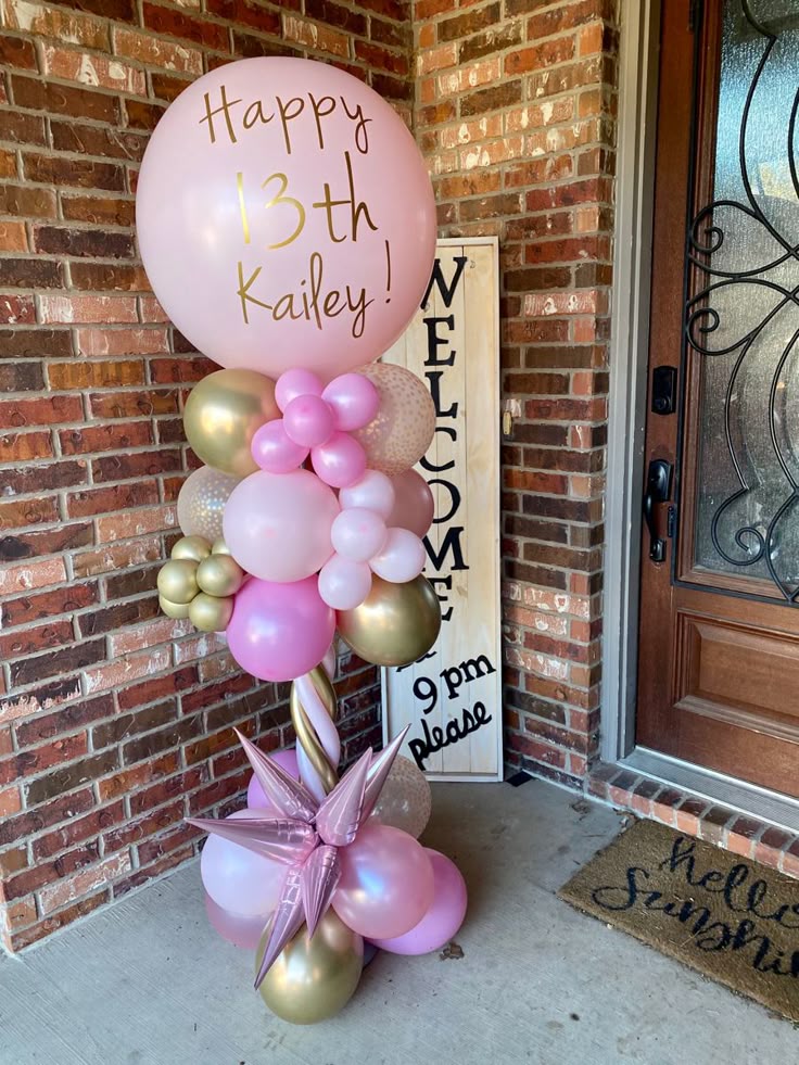 Personalised Pillar/Column/Tower Balloons White, Pink and Light Gold with Customize Sticker and Tassels with Starburst accents - Birthday, Corporate Event, Grand Opening, Company Event Perfect for special occasion!