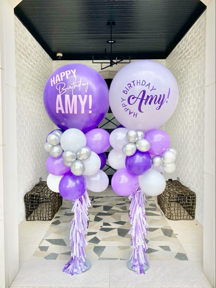 Personalised Pillar/Column/Tower Balloons White, Purple and Silver with Customize Sticker and Tassels - Birthday, Corporate Event, Grand Opening, Company Event Perfect for special occasion!