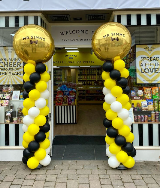 Personalised Company Logo Sticker Balloon Black, Yellow, White and Gold Pillar/Column/Tower - Corporate Event, Grand Opening, Company Event Perfect for special occasion!