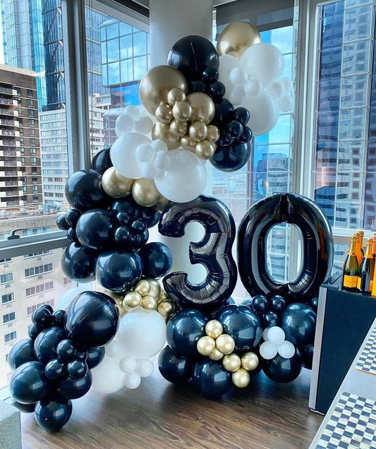 Organic Arrangement Garland Balloon Black, White and Light Gold with Number Balloon on Stand '30' - Perfect for special occasion