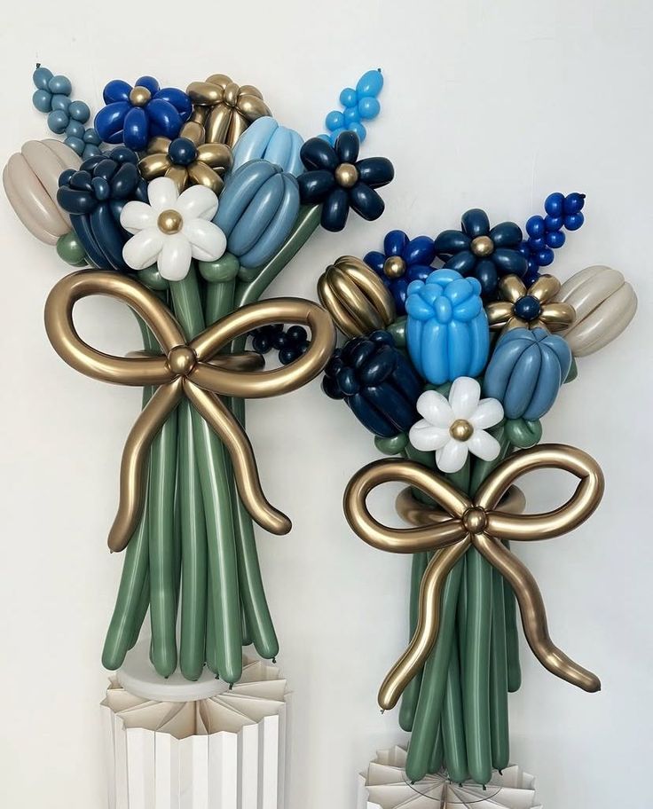 Customize Balloon Bouquet Flowers Colors Chrome Blue, Blue, Navy Blue, Beige, White, Green and Light Gold - Perfect for any special occasions!