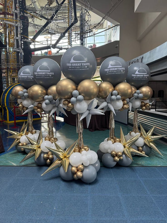 Personalised Company Logo Sticker Balloon Gold, White and Gray with Starburst and Tassels accents Pillar/Column/Tower - Corporate Event, Grand Opening, Company Event Perfect for special occasion!