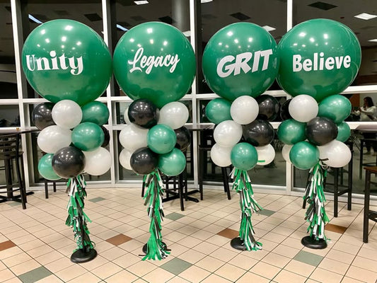 Personalised Company Logo Sticker Balloon Black, White and Green with Tassels accents Pillar/Column/Tower - Corporate Event, Grand Opening, Company Event Perfect for special occasion!