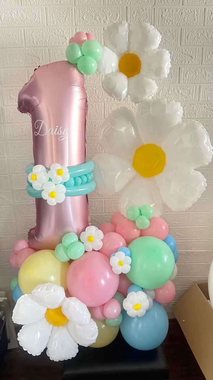 Platform Pink Number '1' with Customize Sticker, Flowers, Latex Mint Green, Pink, Yellow and Blue - Fairy-Themed Garden-Themed Perfect for any Occasions
