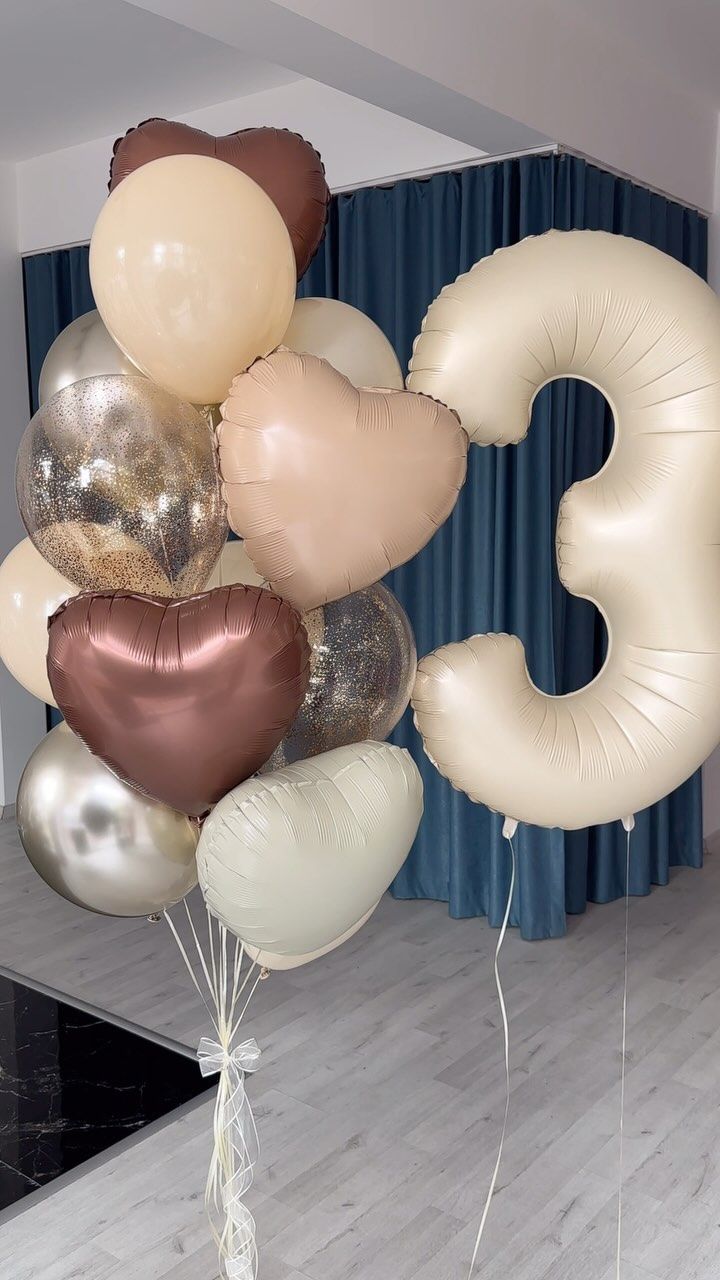 Helium Balloons Single Number Set Beige '3' and Latex Bunch Beige, Light Gold, Clear with Glitters and Heart-Shaped Brown and Beige Foil with Ribbons - Perfect for any Occasions!