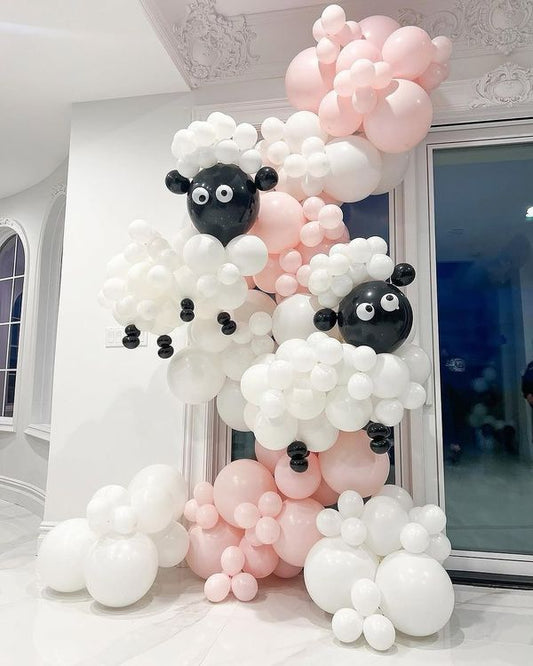 Organic Balloon Garland Sheep Customized Arrangement White, Pink and Black - Perfect for special occasion