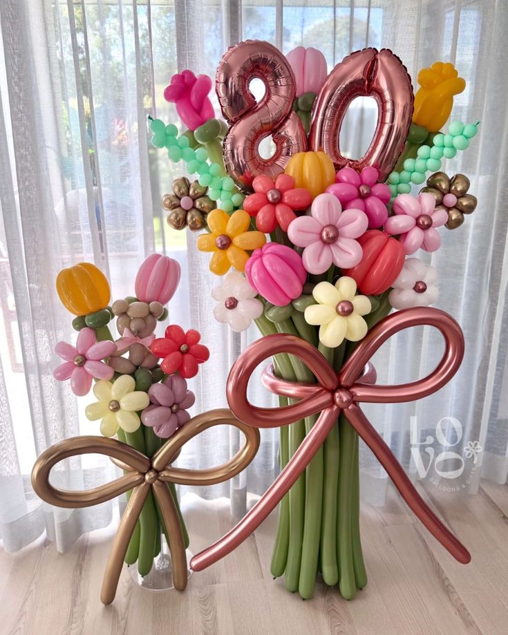 Customize Balloon Bouquet Flowers Colors Rose Gold, Light Gold, Purple, Pink, Yellow and Green with Number Balloon '80' - Perfect for any special occasions!