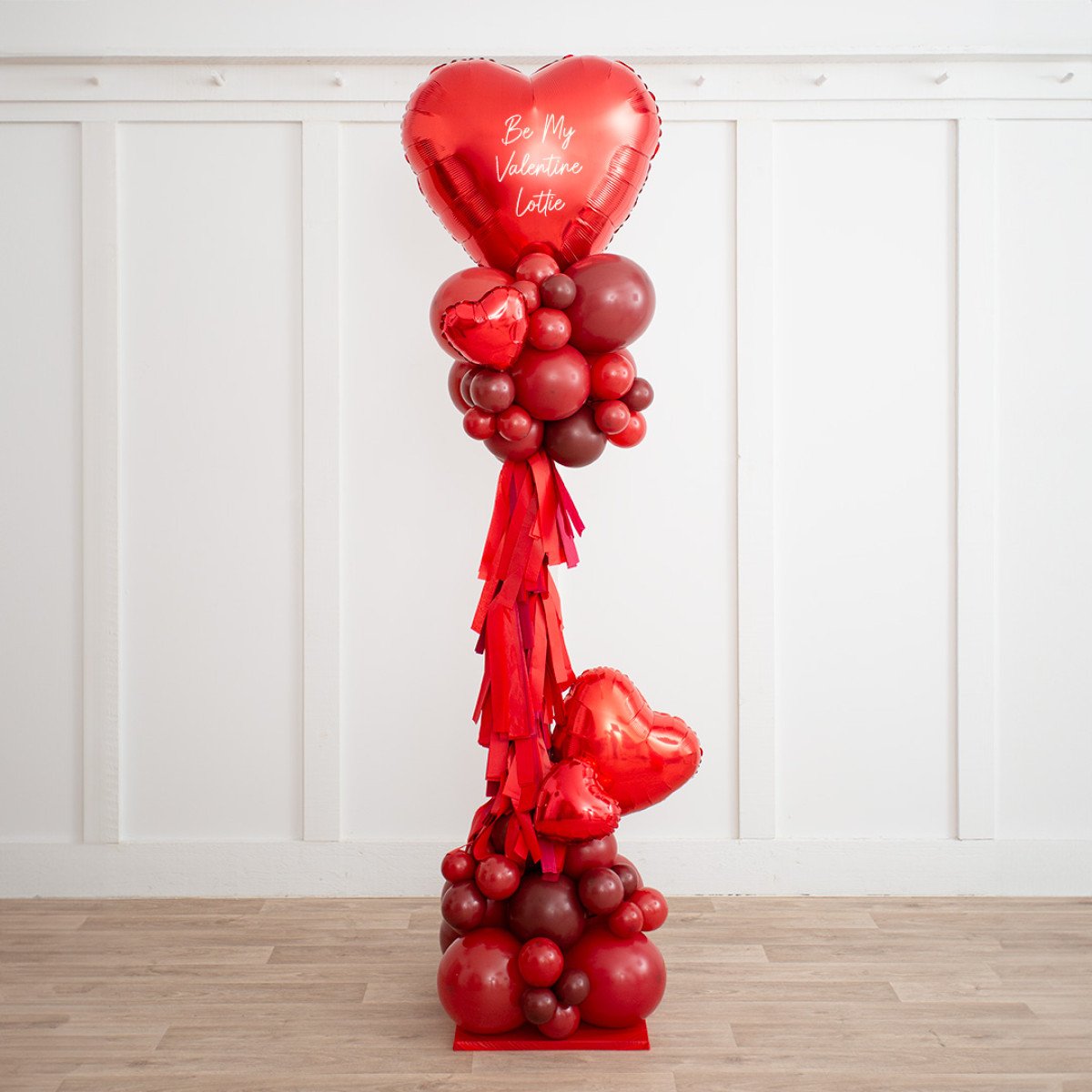 Personalised Clear Balloon with Red and Maroon Confetti and Balloon with Tassels Accents Pillar/Column/Tower – Perfect for Valentine's Day, Anniversaries, Proposal, Engagement Party