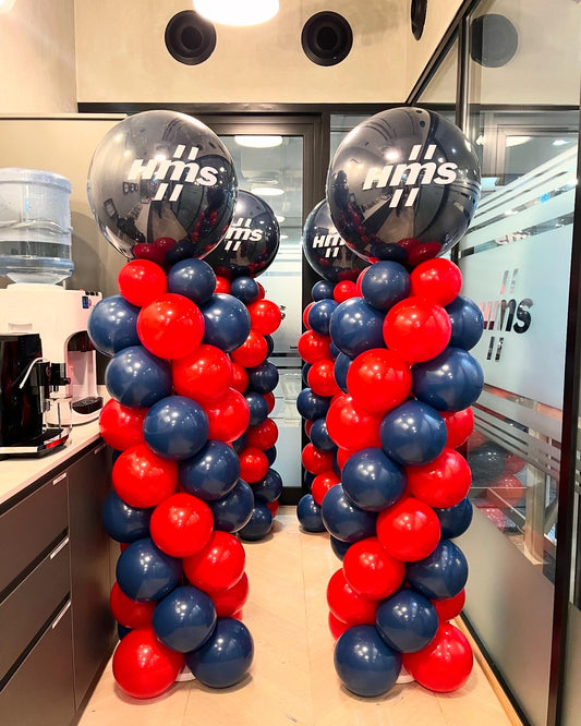 Personalised Balloon Blue and Red Corporate Event Pillar/Column/Tower with Customizable Company Logo Stickers – Perfect for Any Vibrant Celebrations