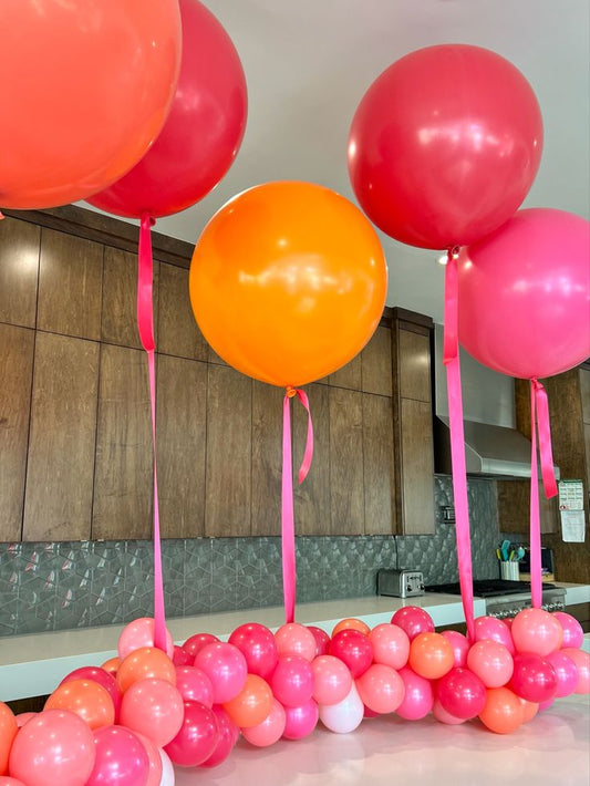 Latex Helium Balloons Yellow Orange, Deep Pink and Pink 36-inches with Mini Balloons Chain and Pink Ribbons - Perfect for Special Occasions!