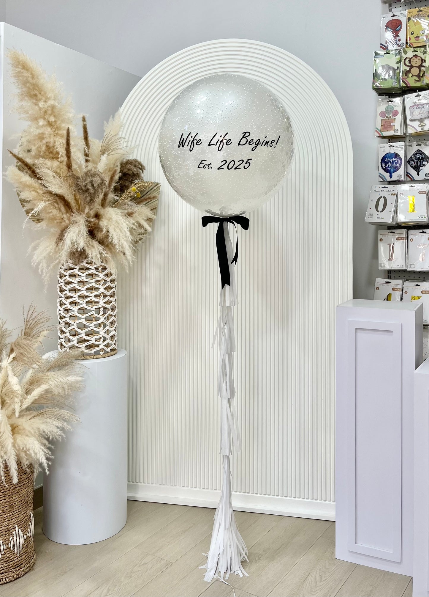 Personalised Helium Clear with White Foam, White Latex,  White Tassels and Black Ribbons with Customizable Sticker ‘Wife Life Begins’   - Bridal Shower, Perfect for any Occasions