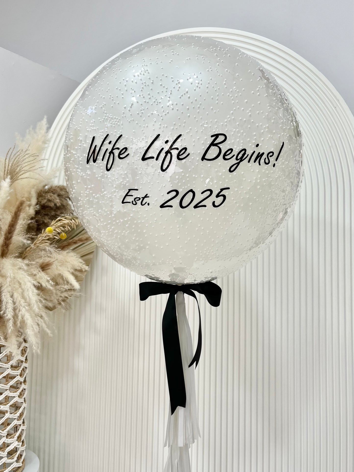 Personalised Helium Clear with White Foam, White Latex,  White Tassels and Black Ribbons with Customizable Sticker ‘Wife Life Begins’   - Bridal Shower, Perfect for any Occasions