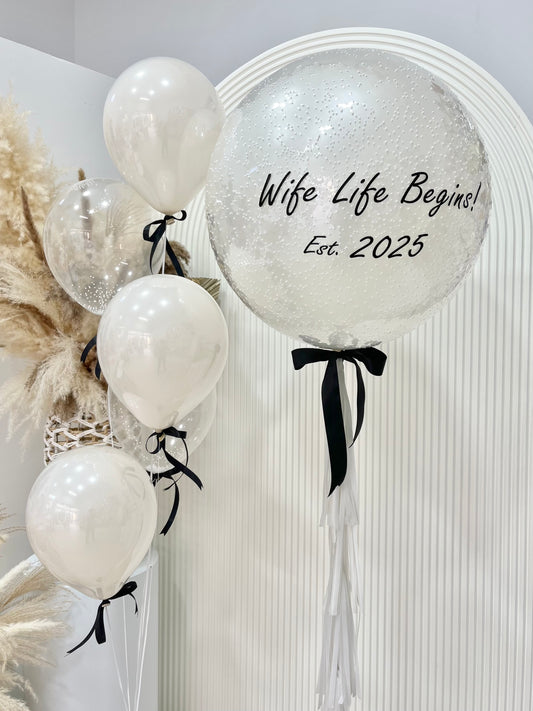 Personalised Helium Clear with White Foam, White Latex,  White Tassels and Black Ribbons with Double Layered White Latex and Clear with White Foam Bunch, Customizable Sticker ‘Wife Life Begins’   - Bridal Shower, Perfect for any Occasions