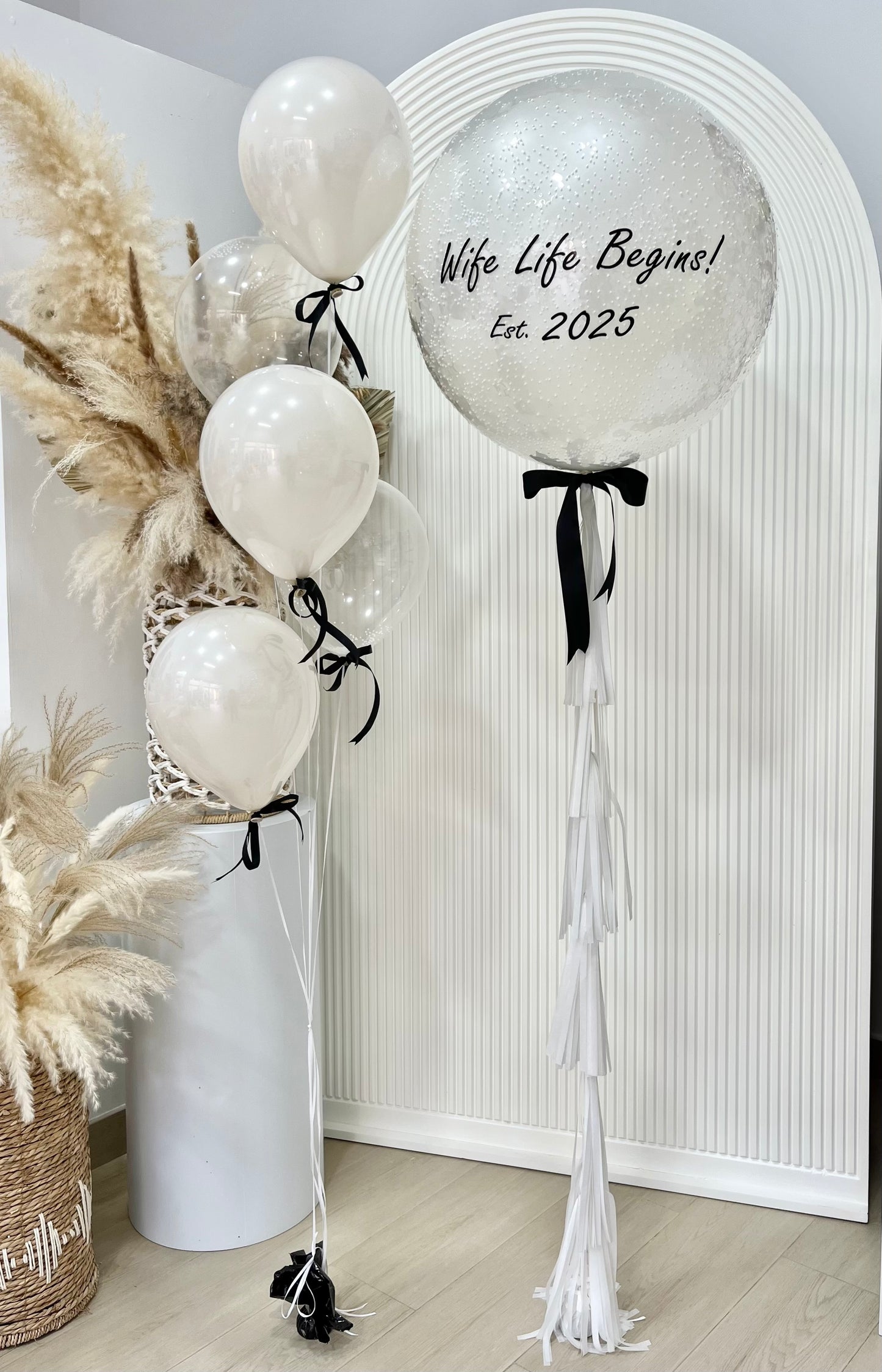 Personalised Helium Clear with White Foam, White Latex, White Tassels and Black Ribbons with Double Layered White Latex and Clear with White Foam Bunch, Customizable Sticker ‘Wife Life Begins’ - Bridal Shower, Perfect for any Occasions