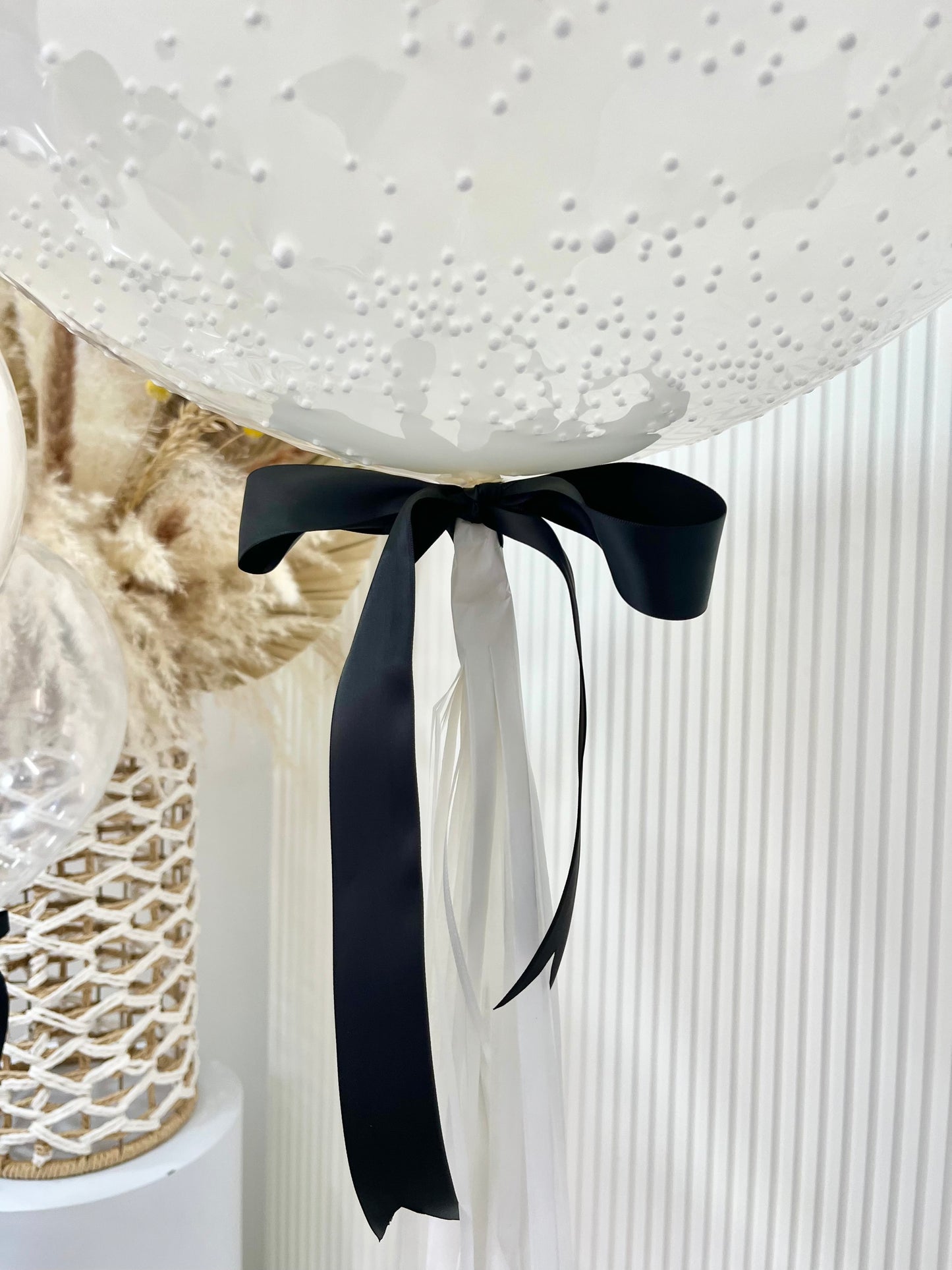 Personalised Helium Clear with White Foam, White Latex,  White Tassels and Black Ribbons with Customizable Sticker ‘Wife Life Begins’   - Bridal Shower, Perfect for any Occasions