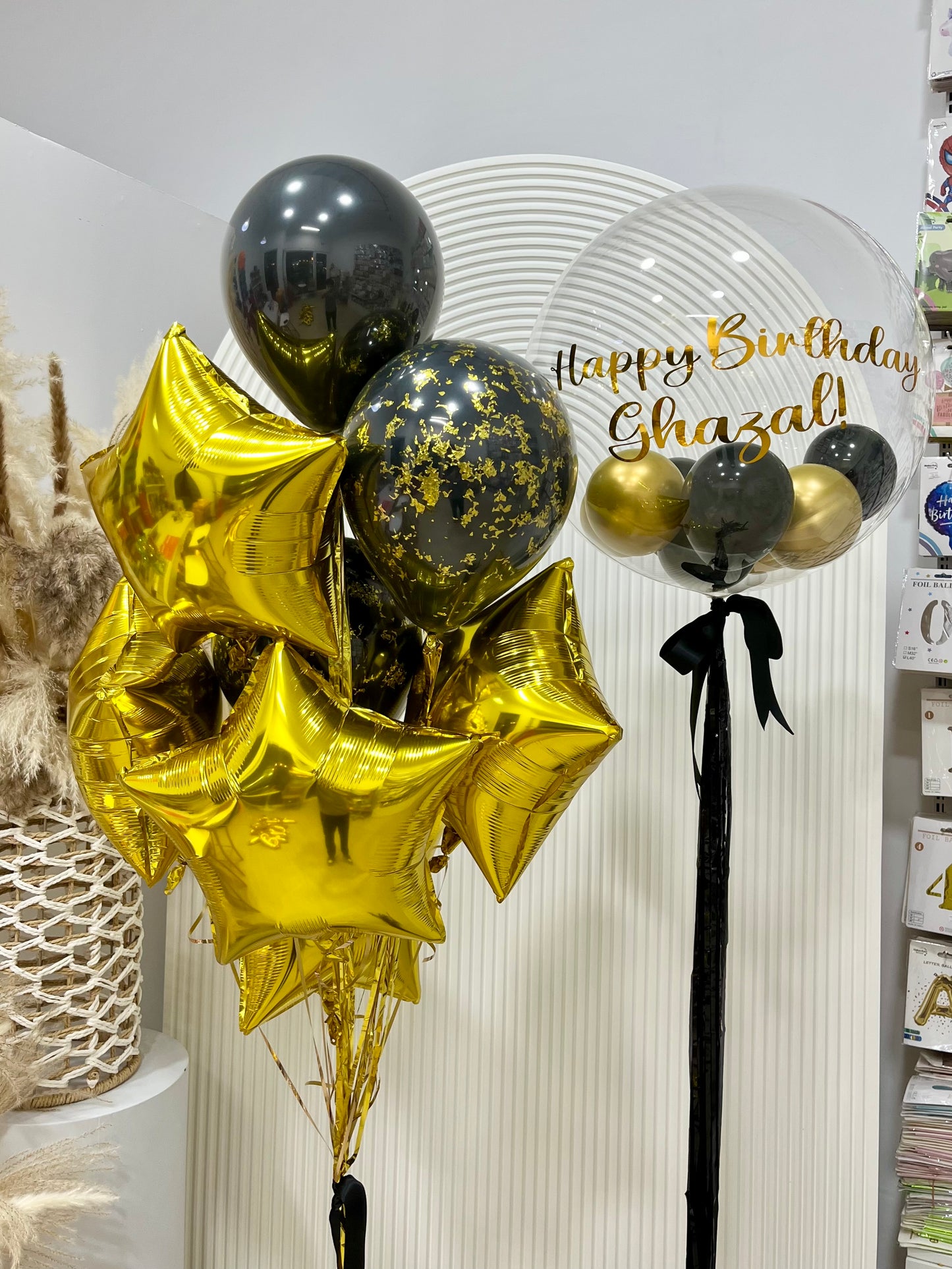 Personalised Helium Clear with Mini Balloons Latex Gold and Black, Customizable Black Curtain Tassels and Ribbons with Bunch Double Layered Black Latex and Gold Stars - Perfect for any Occasions