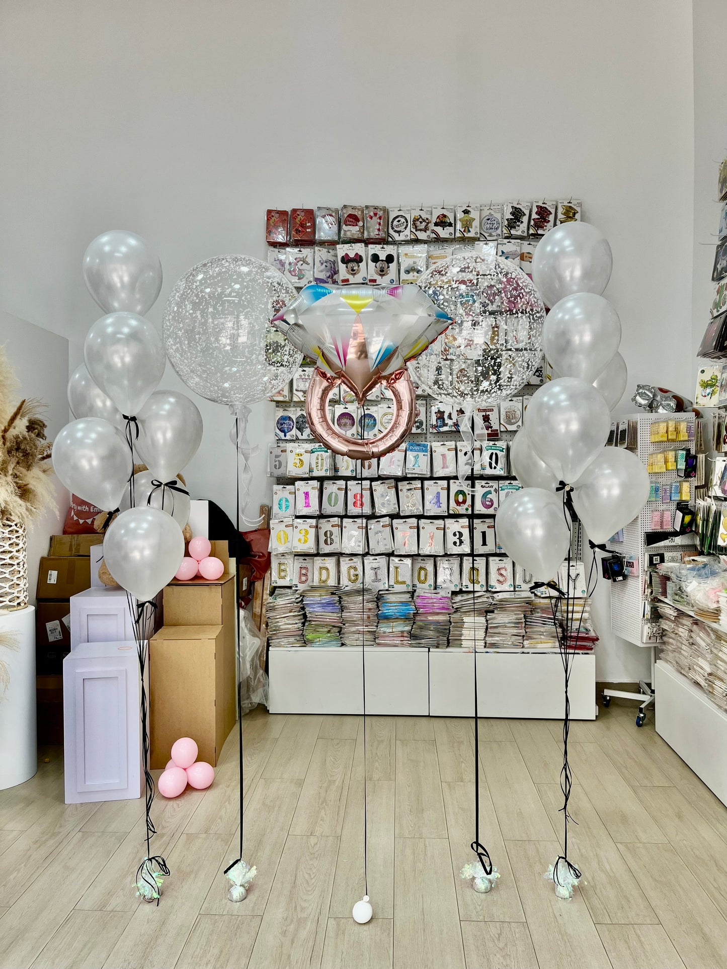 Latex Helium Balloon Pearl White with Black Ribbons Bunch, Clear with White Foam and Engagement Ring Foil Balloon - Perfect for any special occasions!