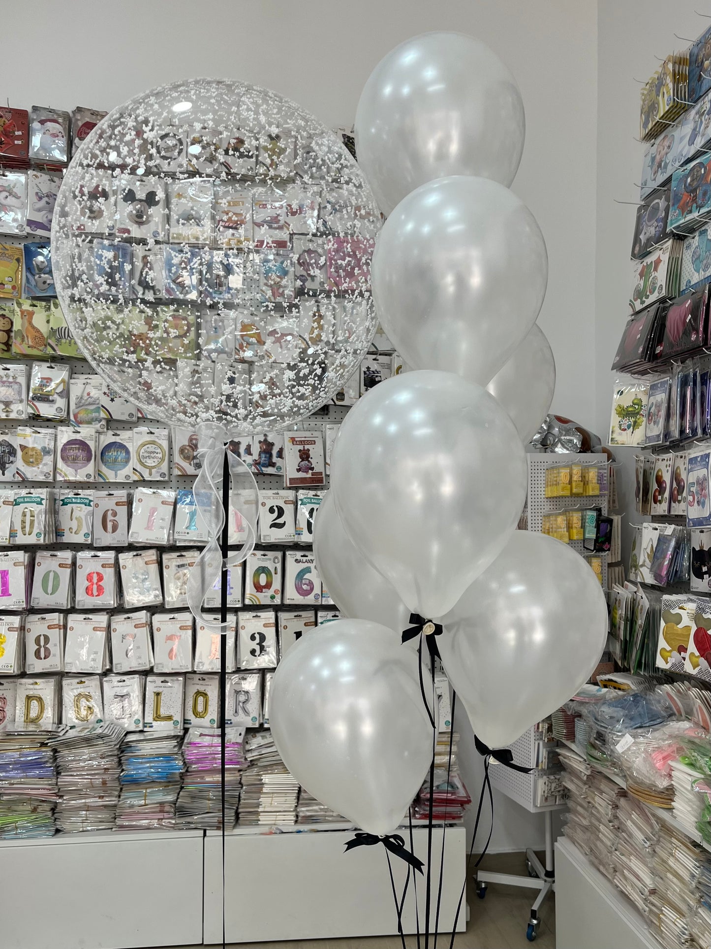 Latex Helium Balloon Pearl White with Black Ribbons Bunch and Clear with White Foam - Perfect for any special occasions!