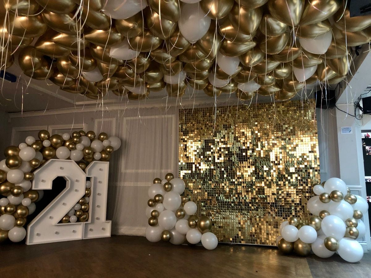 Shimmer Wall Setup with Gold and White Balloon Display and LED Numbers - Perfect for any Celebration