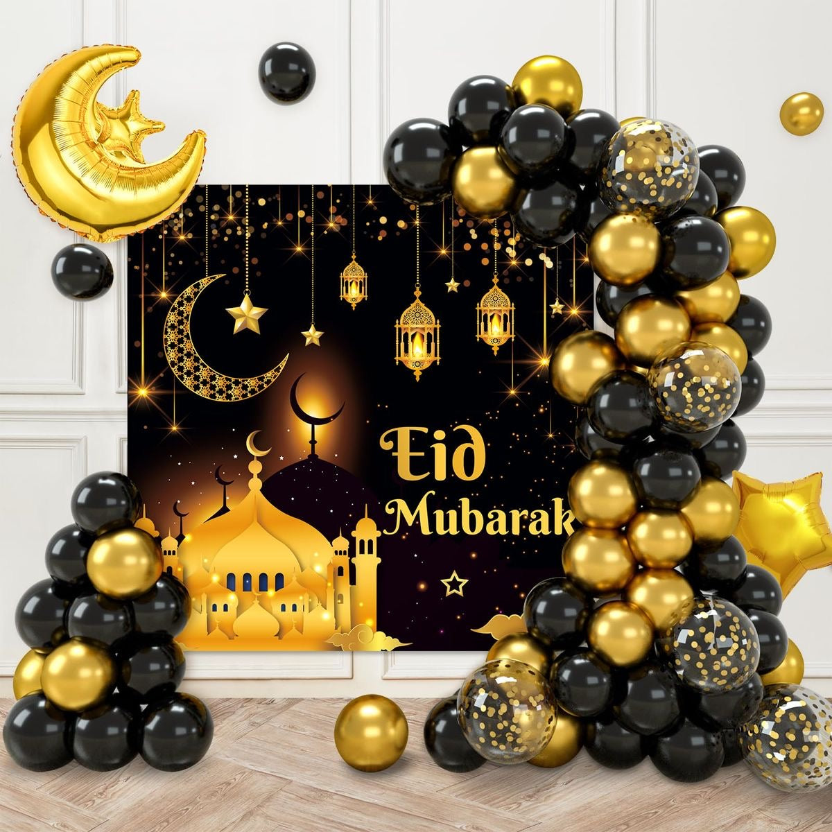 Customizable KT Board Backdrop with Ramadan Balloon Black and Gold Setup – Ramadan Celebration Decor