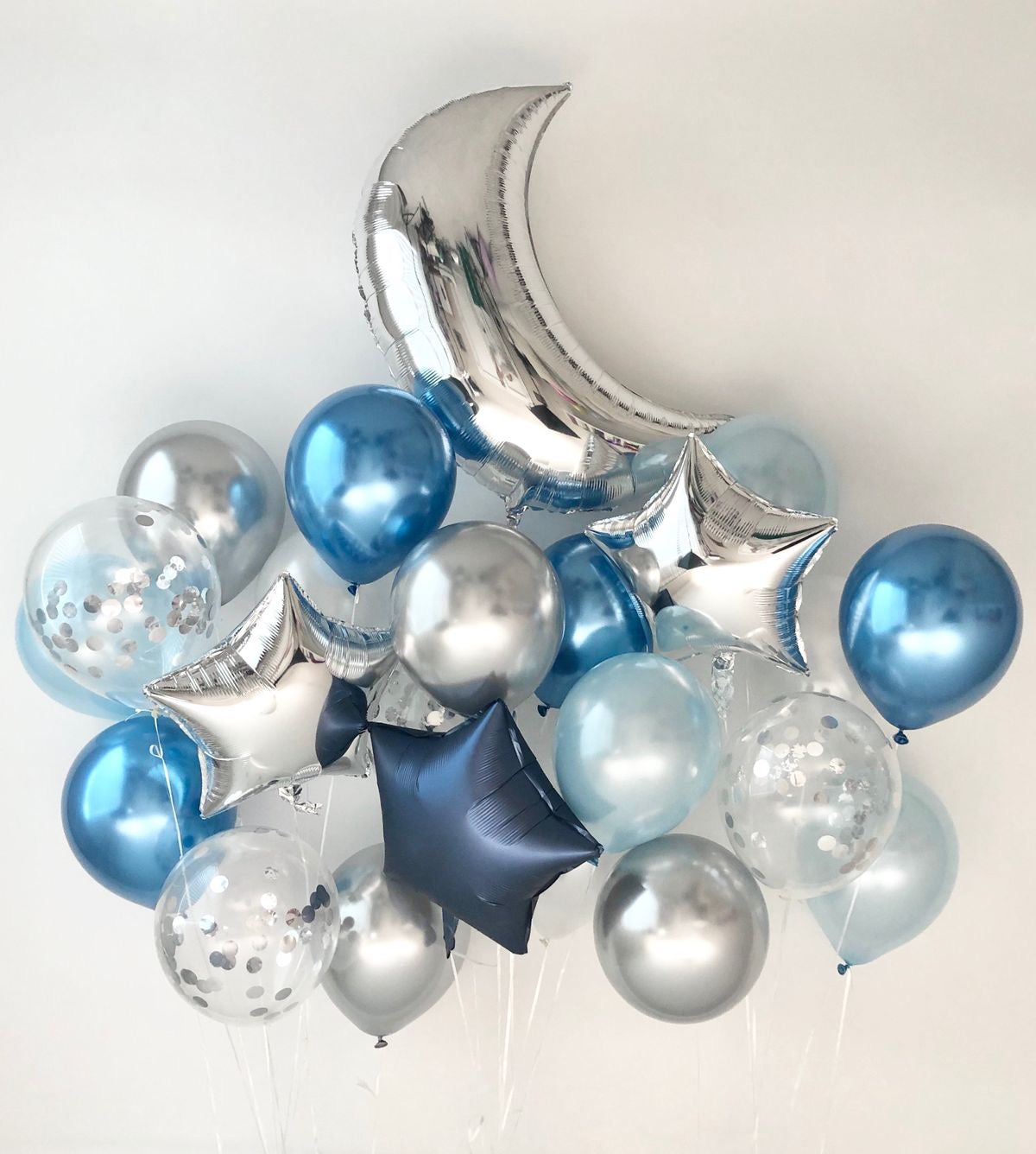 Ramadan Silver, Blue and Clear with Confetti Moon & Stars Balloon Set – Ramadan Celebration Decor