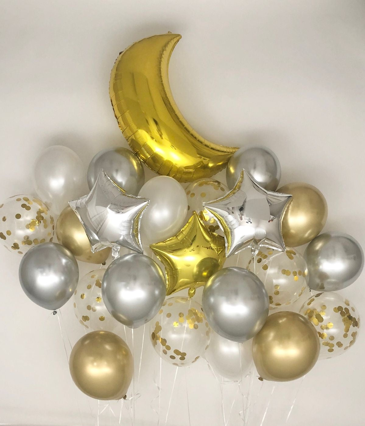 Ramadan Gold, White, Silver and Clear with Confetti Moon & Stars Balloon Set – Ramadan Celebration Decor