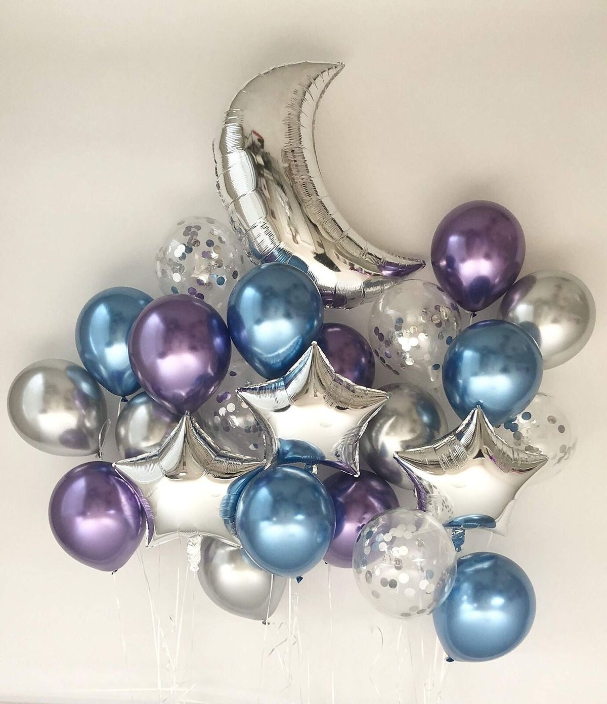 Ramadan Silver, Blue, Purple and Clear with Confetti Moon & Stars Balloon Set – Ramadan Celebration Decor