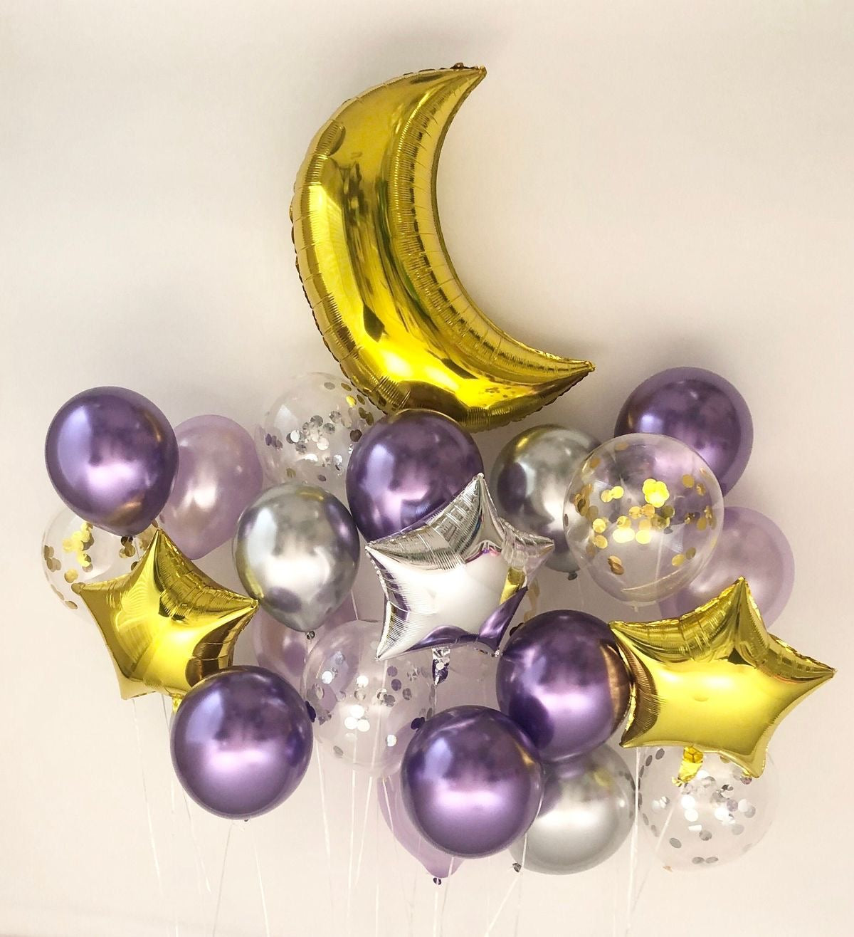 Ramadan Gold, Purple, Silver and Clear with Confetti Moon & Stars Balloon Set – Ramadan Celebration Decor