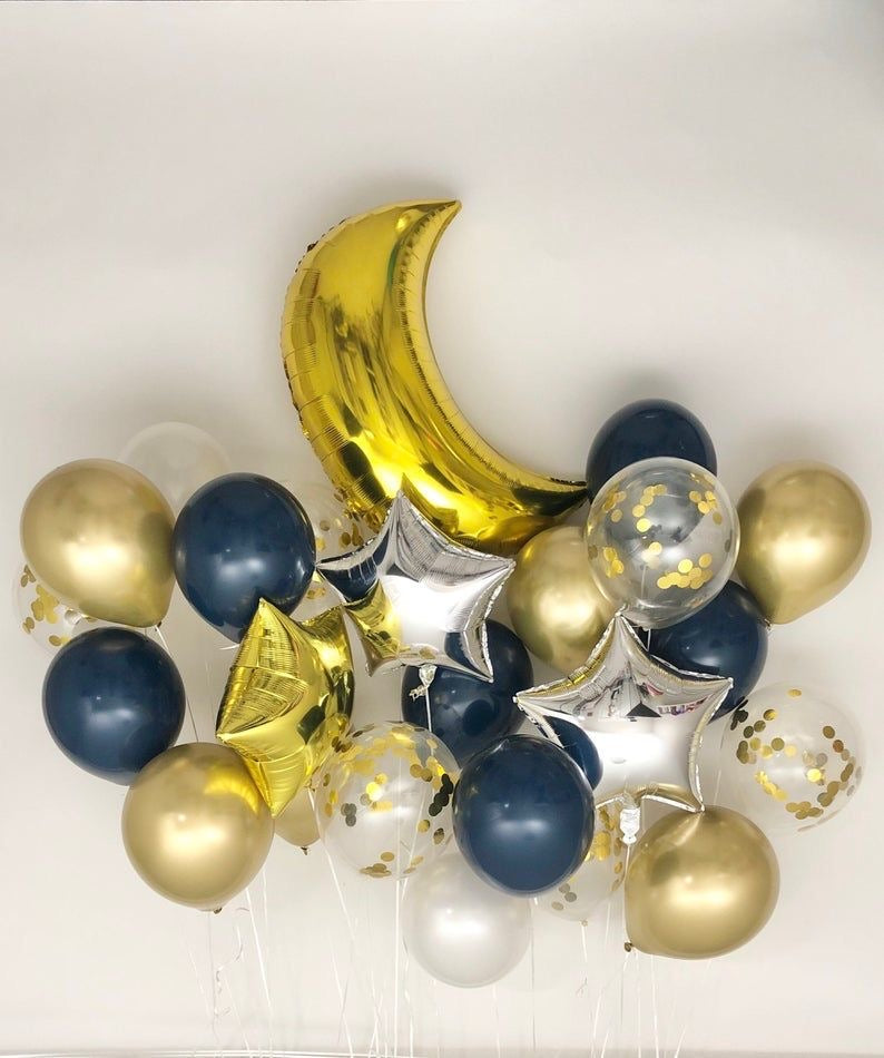 Ramadan Gold, Silver, Blue and Clear with Confetti Moon & Stars Balloon Set – Ramadan Celebration Decor