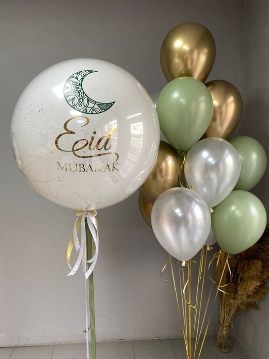 Personalised Helium Clear with White Latex, Stickers and Green Gold and White Latex in Bunch Ramadan Balloon Set – Ramadan Celebration Decor