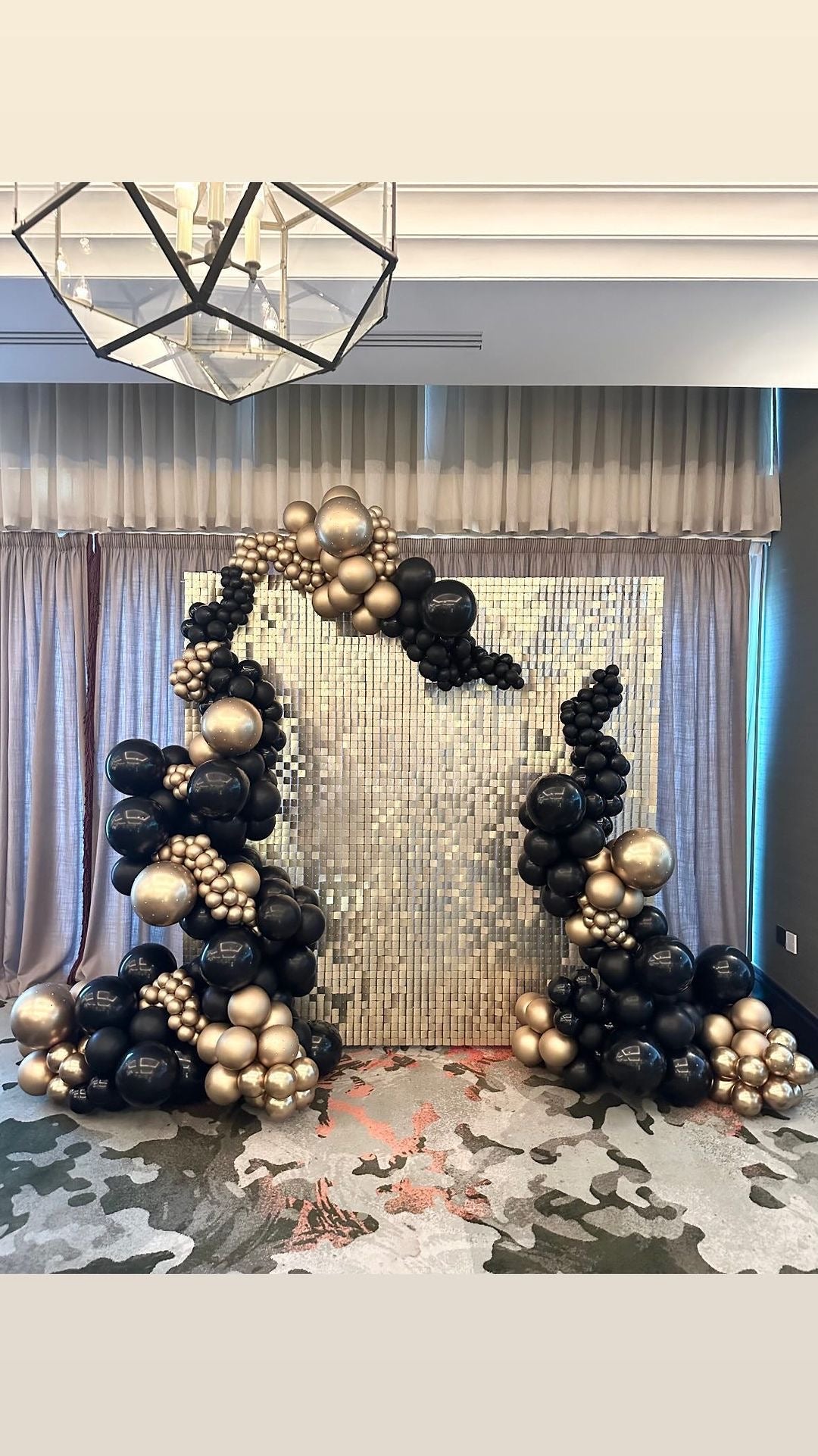 Shimmer Wall Setup with Black & Gold Glam Balloon Arch - Perfect for any Celebration