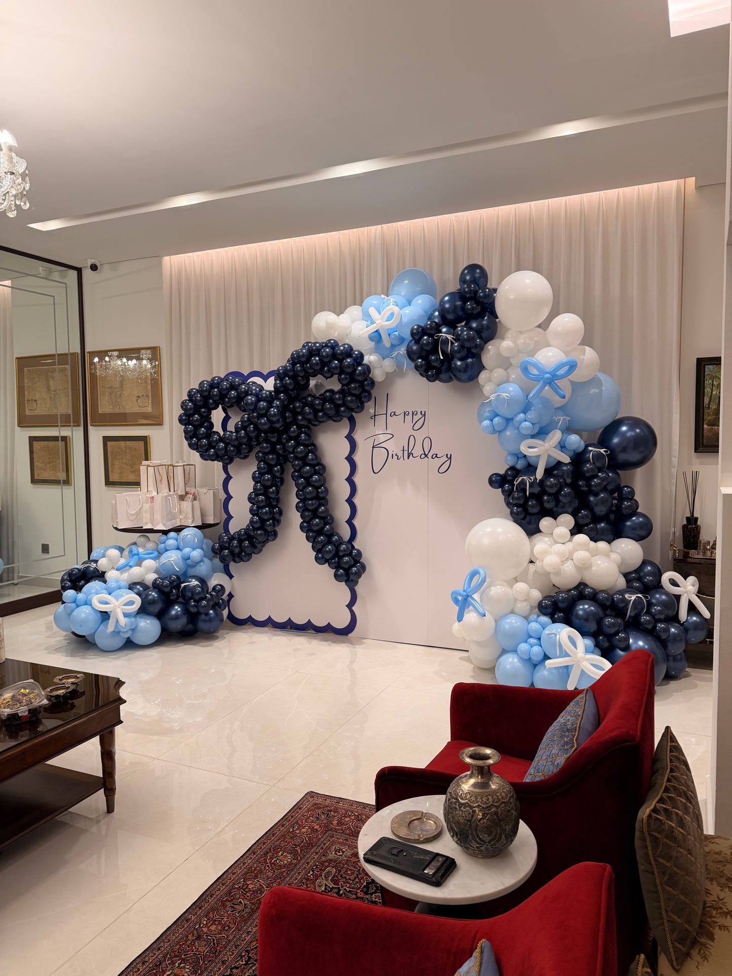 Customizable Backdrop Design Balloon Navy Blue White Light Blue with Bow Ribbons-Themed Decor Setup - Perfect for special occasions
