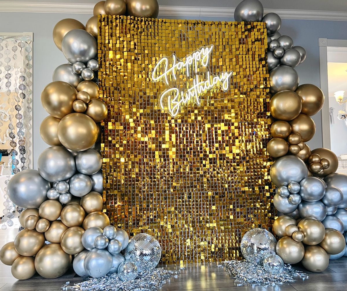 Shimmer Wall Setup with Gold and Silver Balloon Display and LED Acrylic Lights - Perfect for any Celebration