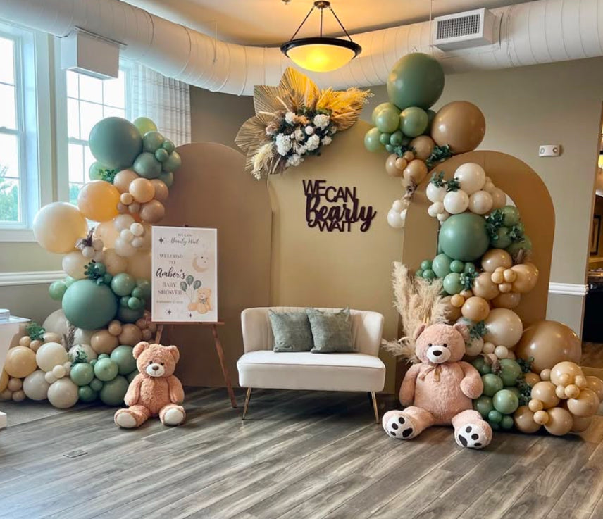 Customizable KT Board Backdrop, KT Board with Stand, Balloon Green Brown and Beige with Teddy Bear and Artificial Flowers Decor Setup - Perfect for special occasions