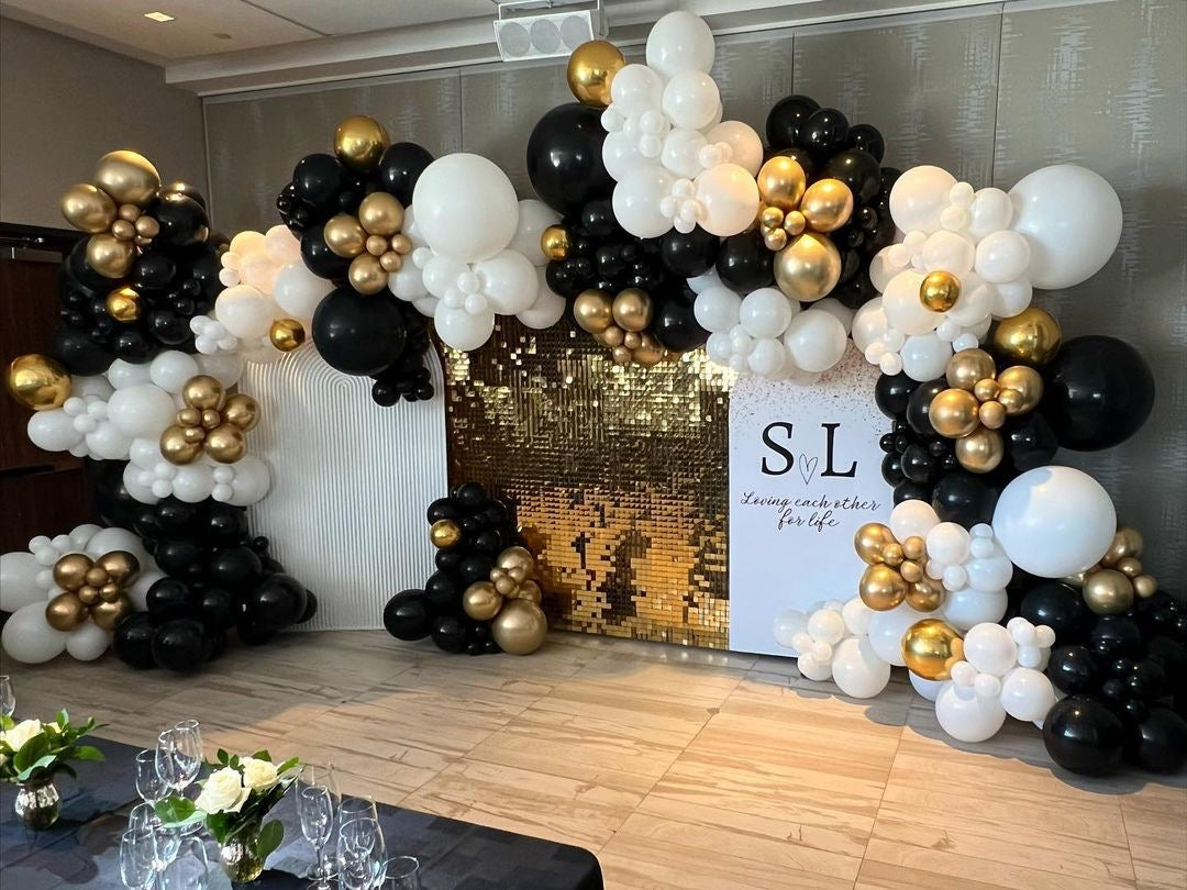 Gold Shimmer Wall, Customizable KT Board Backdrop with Balloon White, Black and Gold Decor Setup - Perfect for special occasions