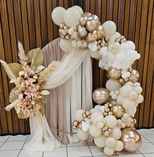Balloon Dust White, White and Light Gold with Tulle and Artificial Flower Decor Setup - Boho-Themed Perfect for special occasions