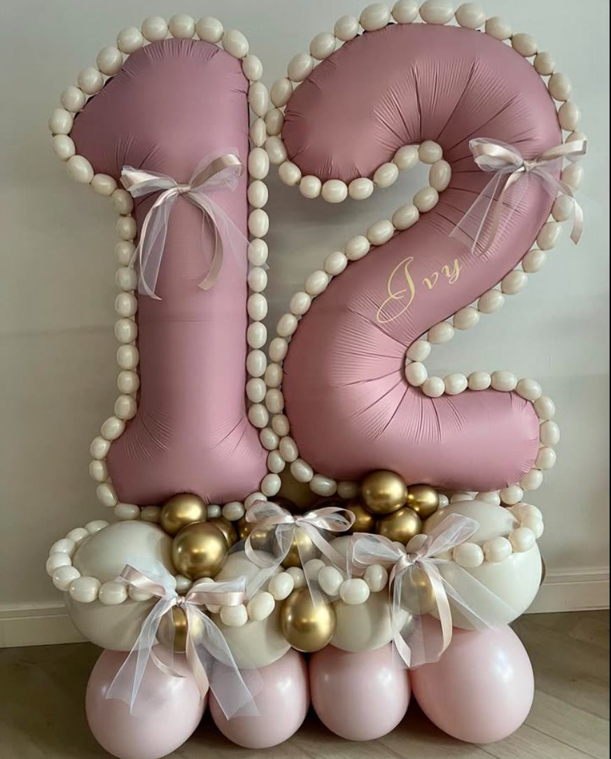 Platform Beige and Pink Numbers '12' Custom Balloon with Ribbons Decor – Perfect for Any Milestone Celebrations