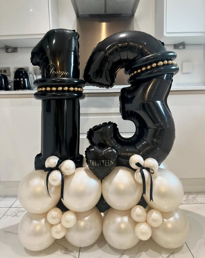 Platform Black and Gold Numbers '13' Custom Balloon with Ribbons Decor – Perfect for Any Milestone Celebrations