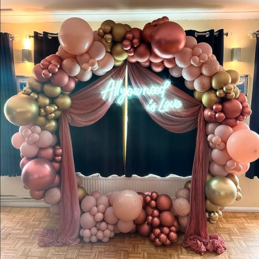 Round Balloon Rose Gold, Pink and Gold with Tulle and Customizable LED Acrylic Lights Decor Setup - Perfect for special occasions