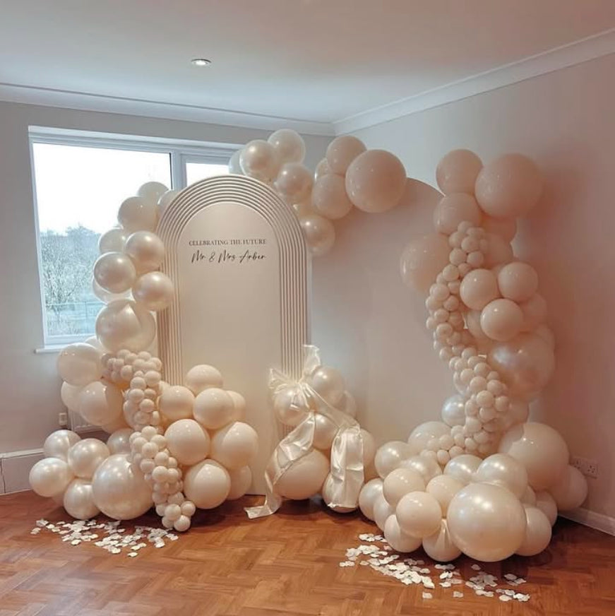 Customizable KT Board Backdrop with Balloon White and Pearl White with Ribbons and White Petals Decor Setup - Perfect for special occasions