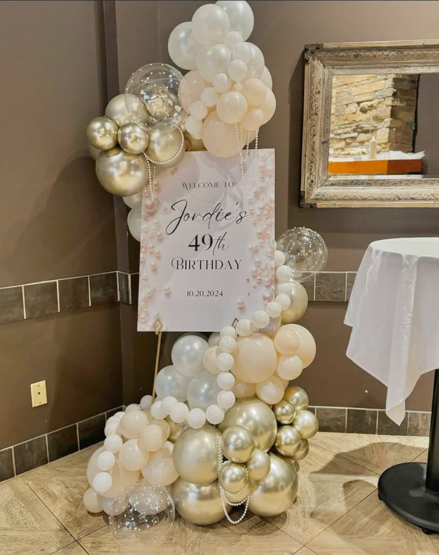 Customizable KT Board with Stand and Balloon White, Beige, Clear and Light Gold Decor Setup - Perfect for special occasions