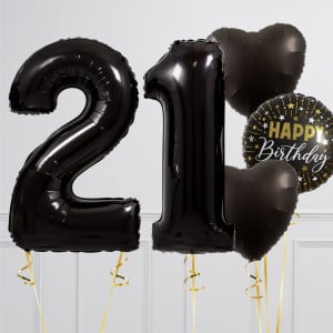 Helium Black ‘21’ Two Number Set Balloon with Heart-Shaped Foil Balloons