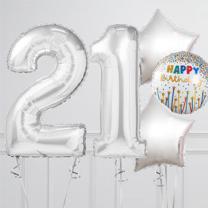 Helium Silver ‘21’ Two Number Set Balloon with Star-Shaped Foil Balloons