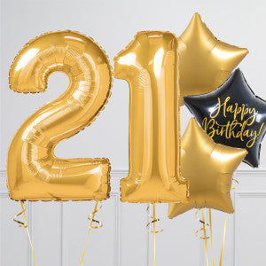 Helium Gold ‘21’ Two Number Set Balloon with Star-Shaped Foil Balloons
