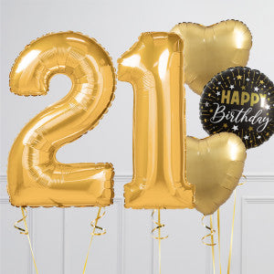Helium Gold ‘21’ Two Number Set Balloon with Heart-Shaped Foil Balloons