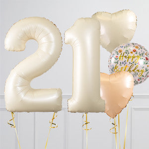 Helium Beige ‘21’ Two Number Set Balloon with Beige and Sand White Heart-Shaped Foil Balloons